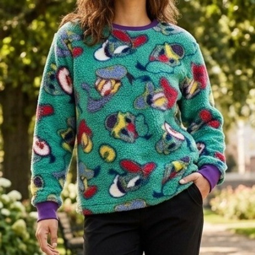 NWT Disney Parks Donald Duck Sherpa Fleece Sweatshirt Teal Purple All Print M